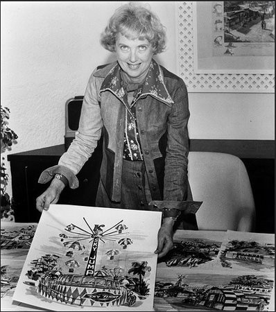 Marion Knott with Roaring 20s plans, Knott's Berry Farm, circ 1974
Photo courtesy Orange County Archives.