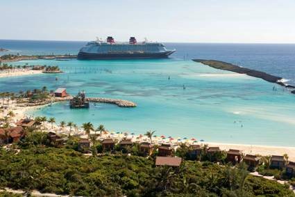 The view of the Disney Cruise Ship from Castaway Cay