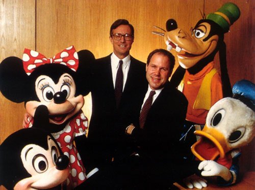Mickey Mouse, Minnie Mouse, Frank Wells, Michael Eisner with Goofy and Donald Duck