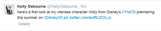 Tweet from Kelly Osbourne about voicing Hildy in Disneys The 7d