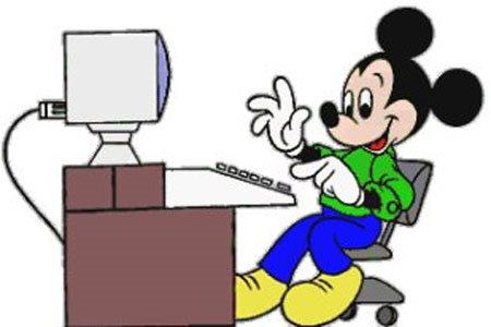 Mickey Mouse sits at his computer terminal