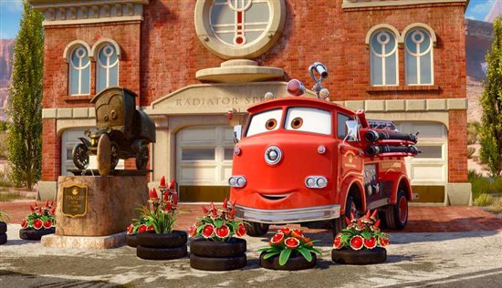 Car Toons: Red the firetruck looks over his flower bed