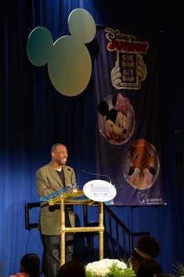 LeVar Burton speaks at the Disney Junior announcement of the Give a Book Get a Book program