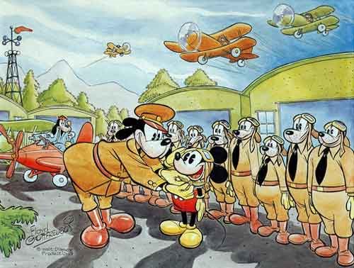 Mickey Mouse receives a medal from an air squadron commander while other airplane pilots look on