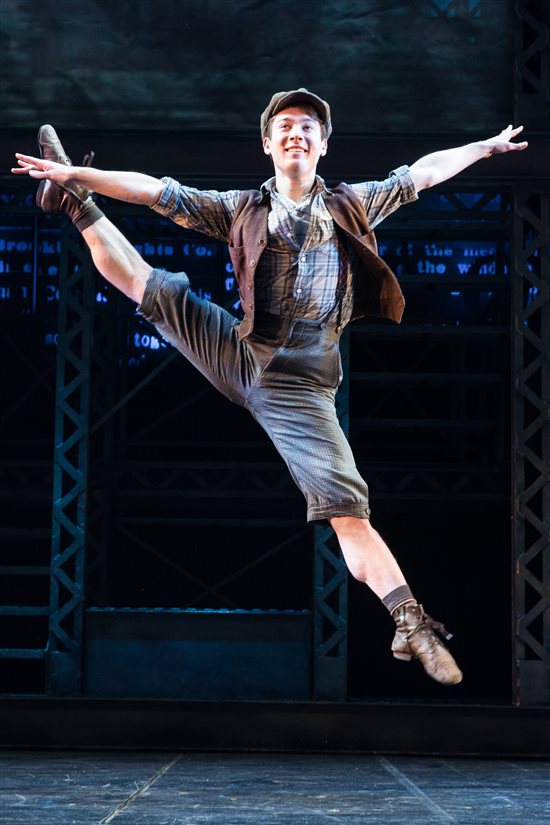 Hogan Fulton flies across the stage in Disney Newsies the Musical on Broadway