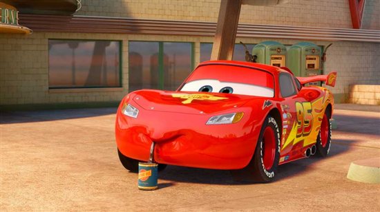 Lightening McQueen sips from a can of motor oil
