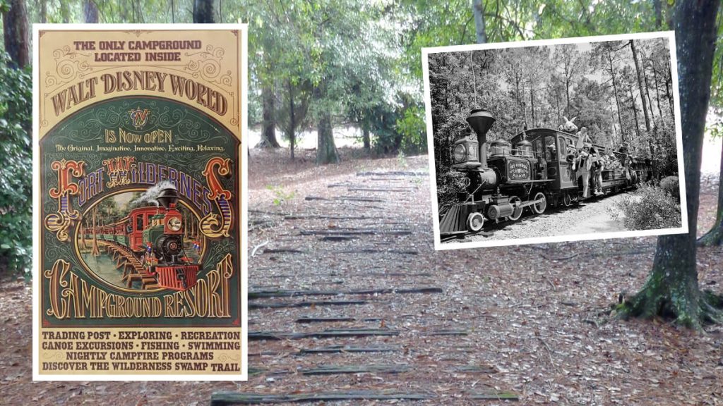 Walt Disney World Fort Wilderness Railroad Attraction Poster, Railroad in action, and remnants of old track.