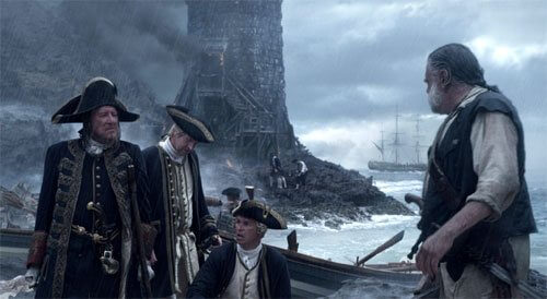 Captain Barbossa (Geoffrey Rush), British Officers Gillette (Damian O'Hare) and Groves (Greg Ellis), and Joshamee Gibbs (Kevin McNally), land in Whitecap Bay in the aftermath of the mermaid attack on Blackbeard (Ian McShane) and his men. Copyright Disney Enterprises, Inc. All rights reserved