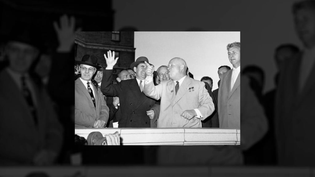 Soviet Premier Nikita Khrushchev gestures as he arrives at the Mark Hopkins hotel on Sept. 20, 1959, in San Francisco. | AP Photo